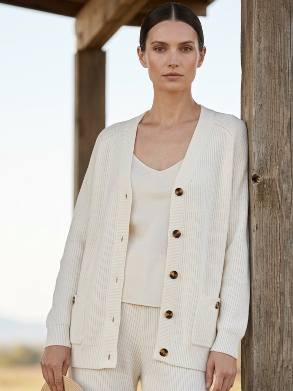 Women’s Cream Ribbed Button Cardigan Sweater - Picture 5 of 16